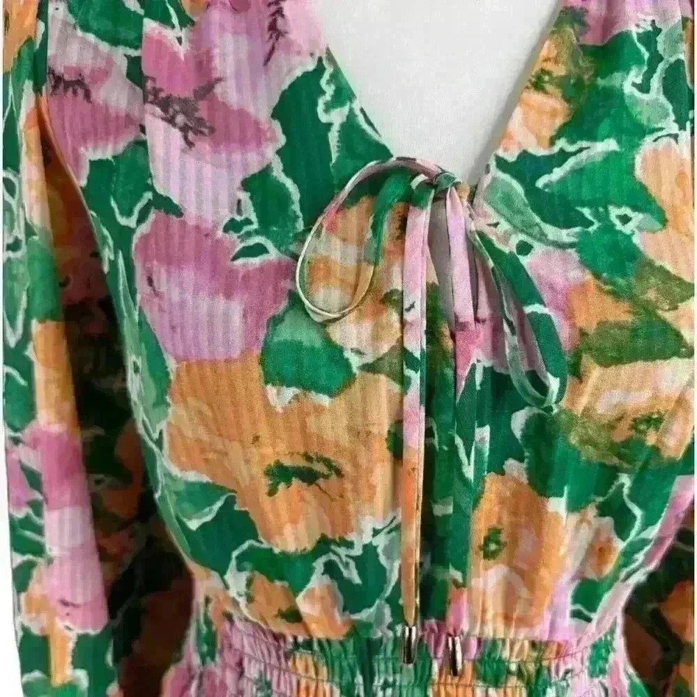 TAYLOR Long Sleeve Green, Pink and Yellow Floral Dress with Tie  - Size 8 - Picture 2 of 3